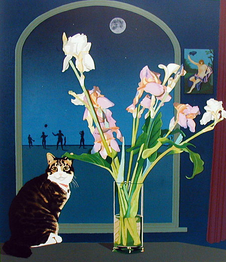 Midnight Follies, a screenprint by Jonathan Owen. A cat, lillies and vollyball players at night.